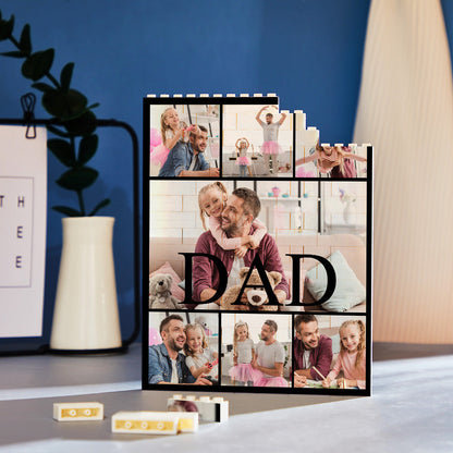 Personalised Building Block Photo Brick displayed wall‑mounted and partially dismantled to show puzzle assembly; unique vertical photo puzzle keepsake for Dad on Father's Day