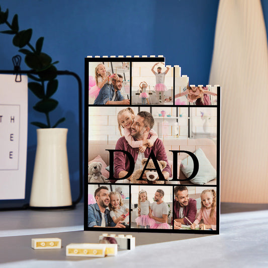 Personalised Building Block Photo Brick displayed wall‑mounted and partially dismantled to show puzzle assembly; unique vertical photo puzzle keepsake for Dad on Father's Day