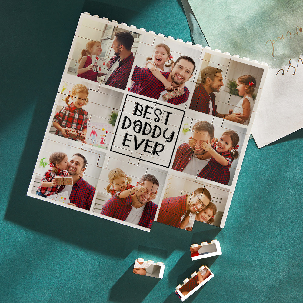Close-up of personalised photo blocks showing 'Best Daddy Ever' text and vivid UV print on durable wipeable finish - interactive interlocking brick puzzle gift for dad