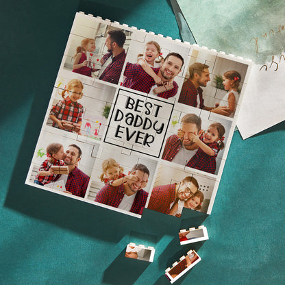 Close-up of personalised photo blocks showing 'Best Daddy Ever' text and vivid UV print on durable wipeable finish - interactive interlocking brick puzzle gift for dad