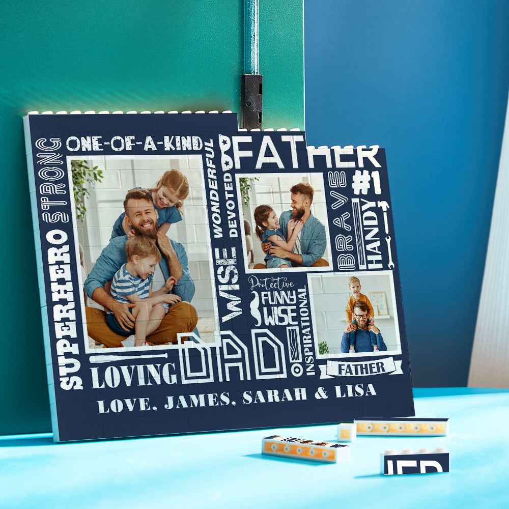 Custom Building Block Puzzle Horizontal Trio Photo Brick for Dad Happy Father's Day