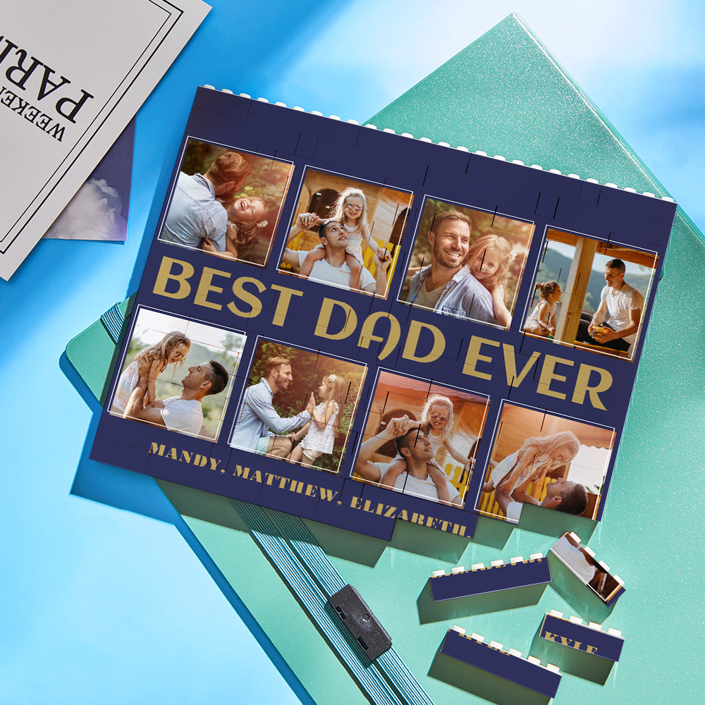 Horizontal personalised photo brick trio displayed on a shelf with family photo — custom 'Best Dad Ever' keepsake with wipeable finish, ideal Father's Day or birthday present