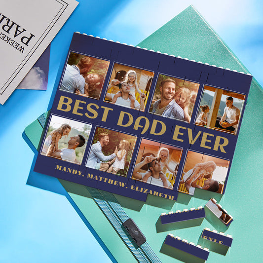 Horizontal personalised photo brick trio displayed on a shelf with family photo — custom 'Best Dad Ever' keepsake with wipeable finish, ideal Father's Day or birthday present