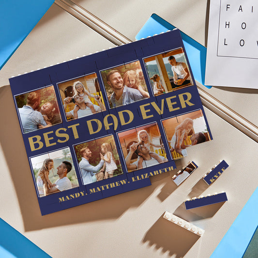 Horizontal personalised photo brick trio displayed on a shelf with family photo — custom 'Best Dad Ever' keepsake with wipeable finish, ideal Father's Day or birthday present