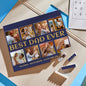 Horizontal personalised photo brick trio displayed on a shelf with family photo — custom 'Best Dad Ever' keepsake with wipeable finish, ideal Father's Day or birthday present