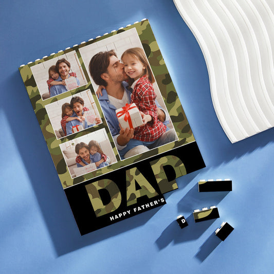 Interlocking personalised building bricks shown free-standing and wall-mounted options, custom photo and text on vertical camouflage photo brick for Father’s Day