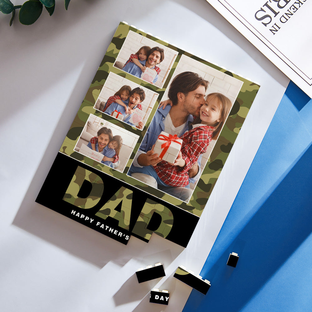Close-up of personalised photo brick showing durable wipeable finish and detailed vertical camouflage print, ideal gift for Dad or husband