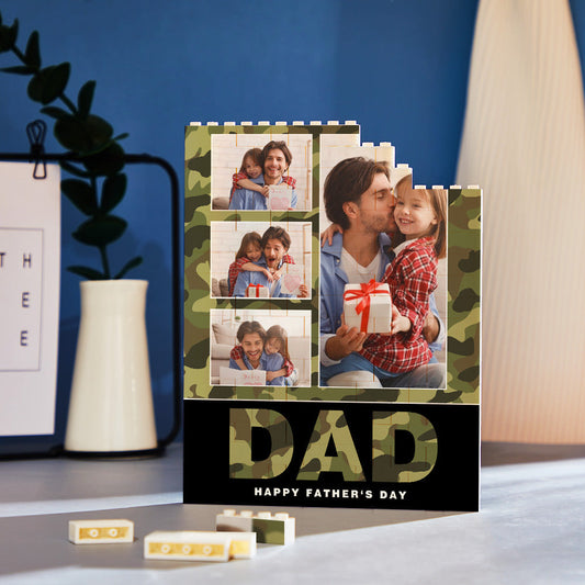 Interlocking personalised building bricks shown free-standing and wall-mounted options, custom photo and text on vertical camouflage photo brick for Father’s Day