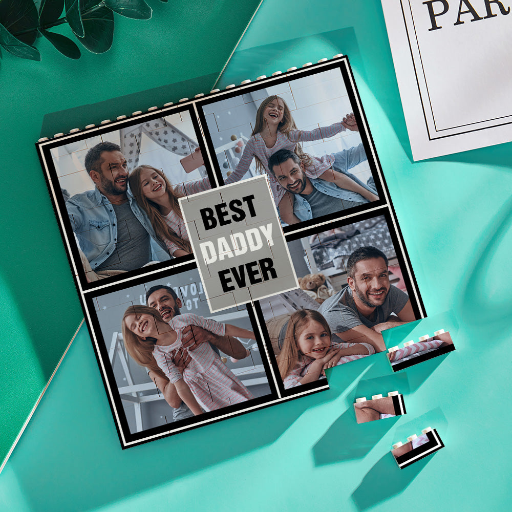 Close-up of interlocking studs and vivid UV print on a personalised photo brick reading ‘Best Daddy Ever’, showing wipe-clean surface and playful design