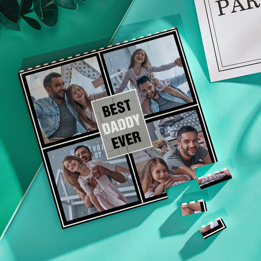 Close-up of interlocking studs and vivid UV print on a personalised photo brick reading ‘Best Daddy Ever’, showing wipe-clean surface and playful design