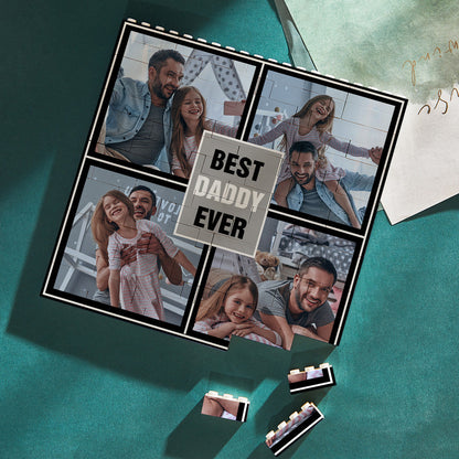Stacked personalised photo bricks showing interlocking studs and re-assemblable toy brick design, durable wipeable finish ideal as a Father’s Day gift