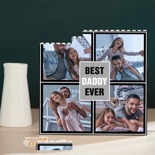 Close-up of interlocking studs and vivid UV print on a personalised photo brick reading ‘Best Daddy Ever’, showing wipe-clean surface and playful design