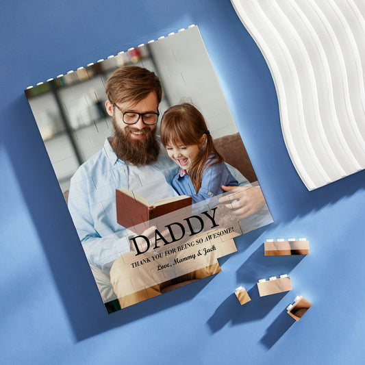 Vertical personalised building block photo puzzle displaying a family portrait on interlocking photo bricks — vibrant UV print, free-standing personalised photo brick thank-you gift