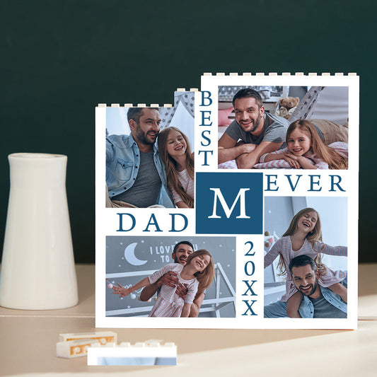 Personalised photo brick front view with ‘Best Daddy Ever’ text on a white custom building block puzzle — free-standing photo block display with vibrant UV print