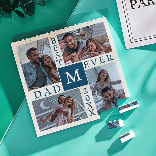 Personalised photo brick front view with ‘Best Daddy Ever’ text on a white custom building block puzzle — free-standing photo block display with vibrant UV print