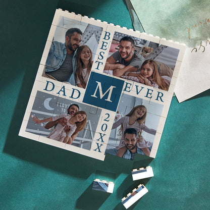 Close-up of interlocking edges and wipeable white finish on a personalised photo brick — custom building block puzzle showing long-lasting colour and ‘Best Daddy Ever’ message