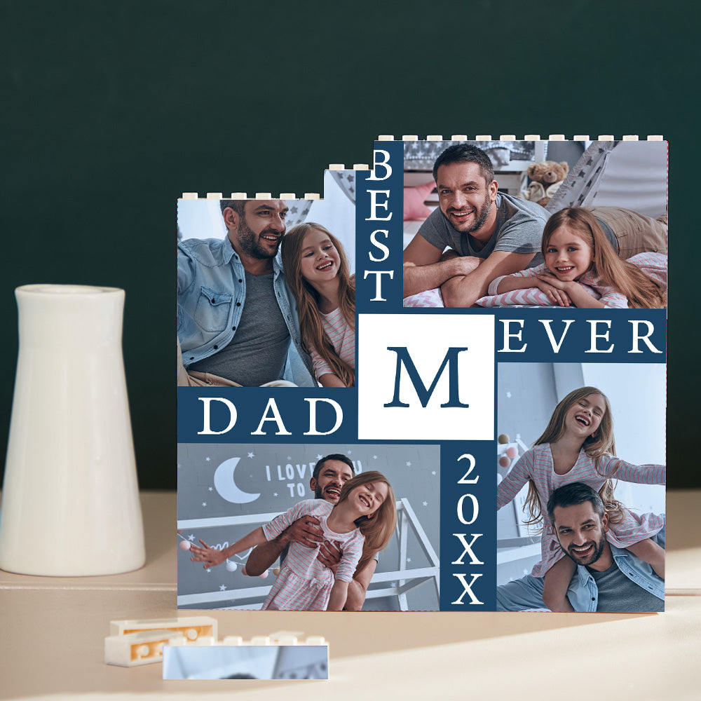 Personalised Building Block Photo Brick in blue showing ‘Best Daddy Ever’ text with a family picture — a custom building block photo, free‑standing display with vibrant UV print, ideal personalised gift for Dad