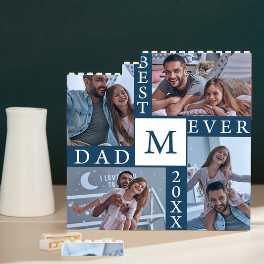 Personalised Building Block Photo Brick in blue showing ‘Best Daddy Ever’ text with a family picture — a custom building block photo, free‑standing display with vibrant UV print, ideal personalised gift for Dad
