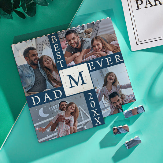 Personalised Building Block Photo Brick in blue showing ‘Best Daddy Ever’ text with a family picture — a custom building block photo, free‑standing display with vibrant UV print, ideal personalised gift for Dad