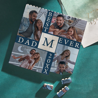 Blue family photo brick shown wall‑mounted and re‑assembled — personalised photo brick ‘Best Daddy Ever’ with interlocking design and durable, wipeable finish, perfect Father’s Day keepsake
