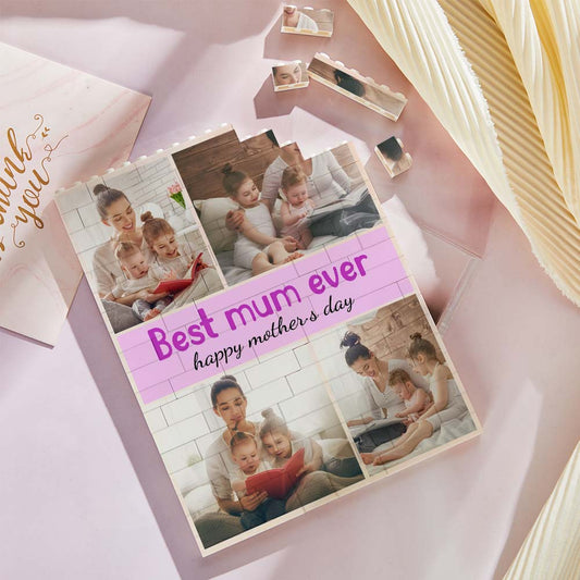 Personalised vertical photo building brick showing a full‑height portrait on interlocking puzzle bricks — custom photo puzzle block gift for Mother's Day, vibrant UV print, wall‑mounted or free‑standing keepsake