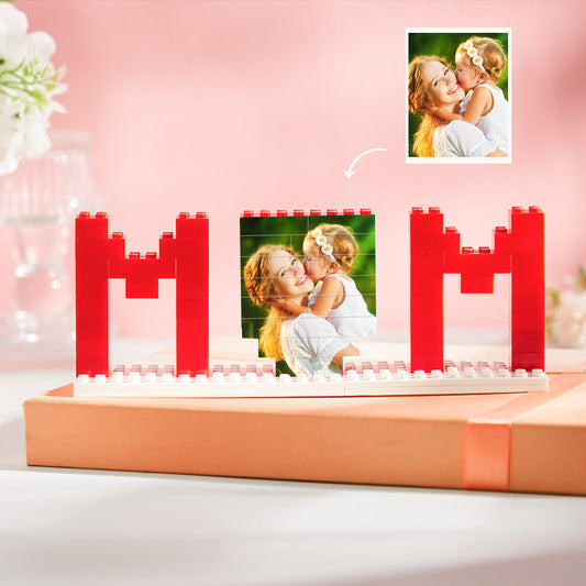 Close-up of personalised brick puzzle photo block partially dismantled to reveal the printed image – tactile keepsake gift for Mum