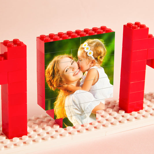 Close-up of personalised brick puzzle photo block partially dismantled to reveal the printed image – tactile keepsake gift for Mum