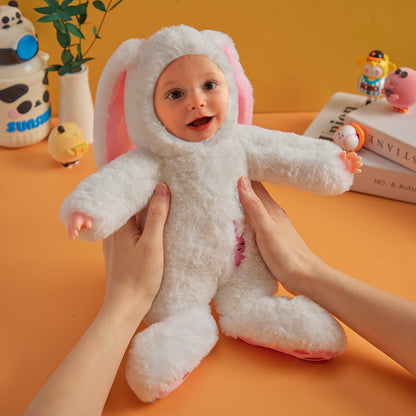Personalised plush bunny full-length view featuring a custom photo face, premium super-soft fabric and secure stitching – perfect unique gift for birthdays and baby showers