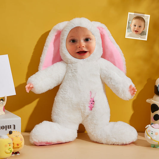 Custom personalised plush bunny with your photo face on a soft cuddly body – unique personalised gift for children, washable and child-safe