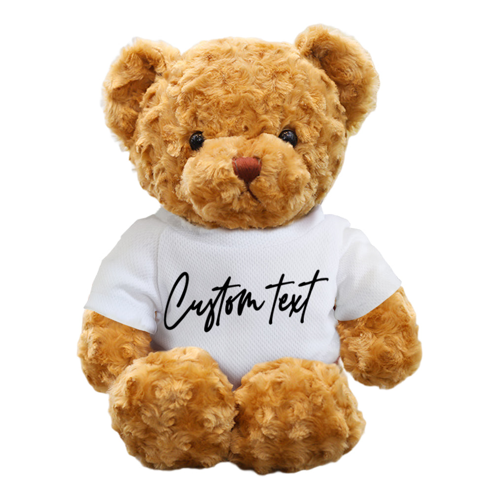 Personalised teddy bear plush with printed message on its outfit — 11.8in (30cm) soft custom bear ideal as a heartfelt keepsake