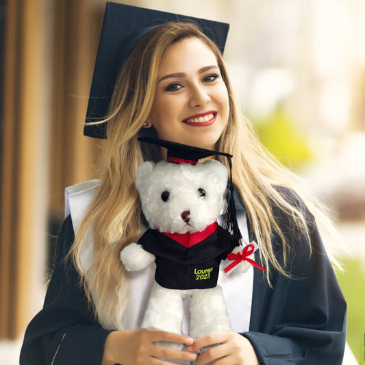 Personalised graduation bear wearing a black custom robe and mortarboard with embroidered name and year – plush 11.8in commemorative graduation gift