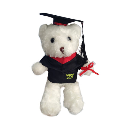 Personalised graduation bear wearing a black custom robe and mortarboard with embroidered name and year – plush 11.8in commemorative graduation gift