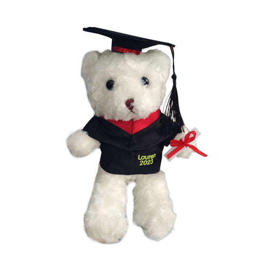 Personalised graduation bear wearing a black custom robe and mortarboard with embroidered name and year – plush 11.8in commemorative graduation gift