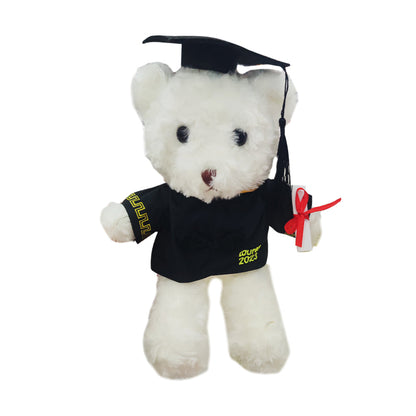 Front view of customised graduation bear holding a diploma, made from premium plush and cotton with embroidered name and year