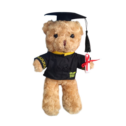 Pair of personalised graduation bears in different coloured robes, thoughtful personalised graduation gifts for friends or siblings