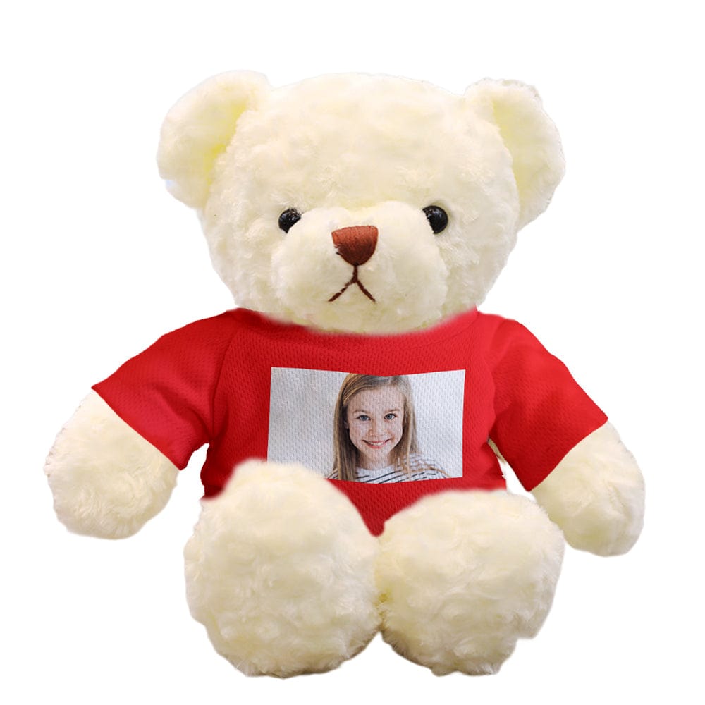 Group display of personalised photo teddy bears in various outfits, demonstrating customisation options and plush quality
