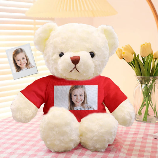 11.8in (30cm) personalised photo teddy bear plush front view with bright eyes and removable clothing – custom photo bear keepsake gift
