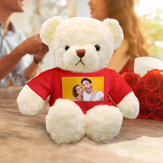 11.8in (30cm) personalised photo teddy bear plush front view with bright eyes and removable clothing – custom photo bear keepsake gift