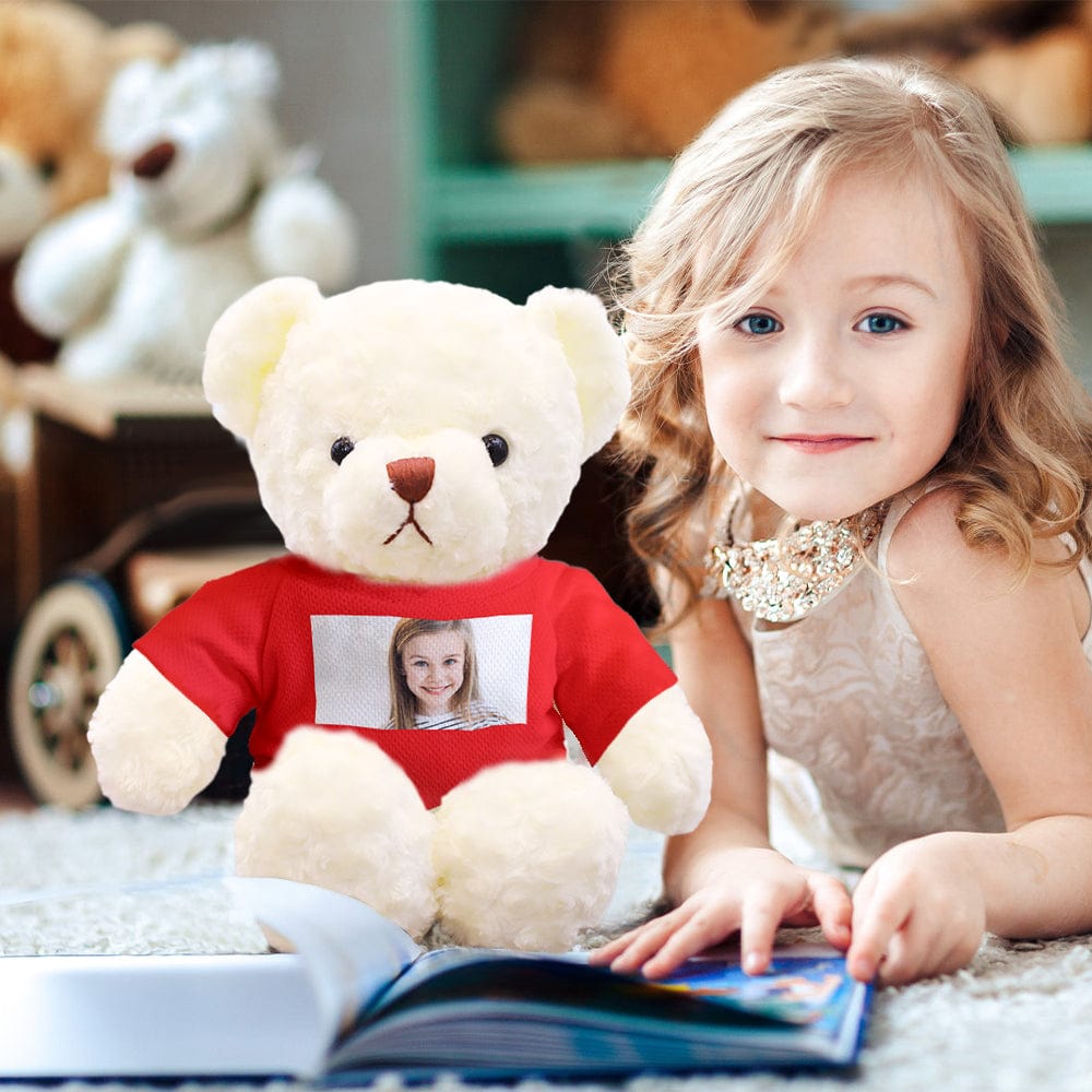 Side angle of 30cm personalised teddy bear plush wearing removable outfit, ideal custom photo bear for birthdays and anniversaries