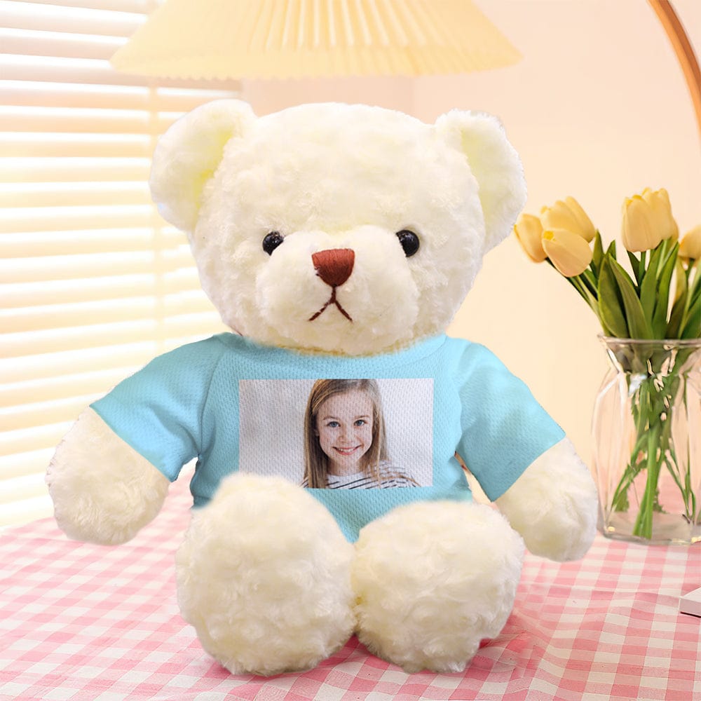 Close-up of personalised photo teddy bear's expressive eyes and embroidered nose on soft plush – custom photo keepsake detail