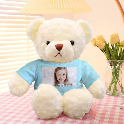 Close-up of personalised photo teddy bear's expressive eyes and embroidered nose on soft plush – custom photo keepsake detail