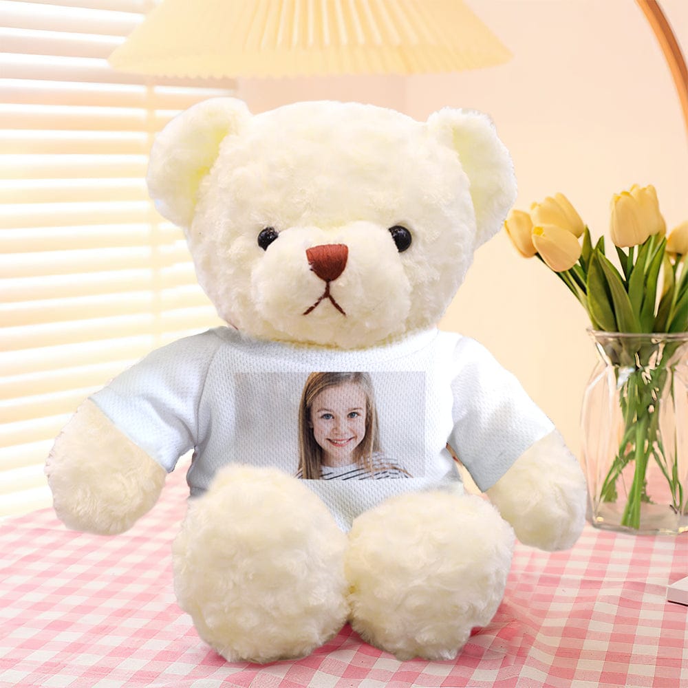 Custom photo teddy bear showing personalised clothing option and high-resolution photo sample – perfect personalised gift