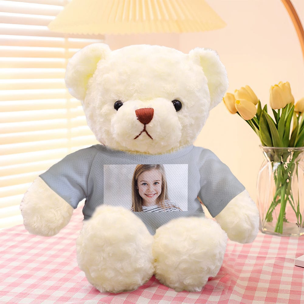 Rear view displaying removable clothes and soft stuffing of the personalised photo teddy bear – easy care custom keepsake