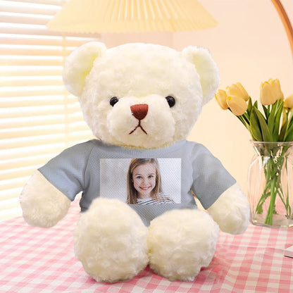Rear view displaying removable clothes and soft stuffing of the personalised photo teddy bear – easy care custom keepsake
