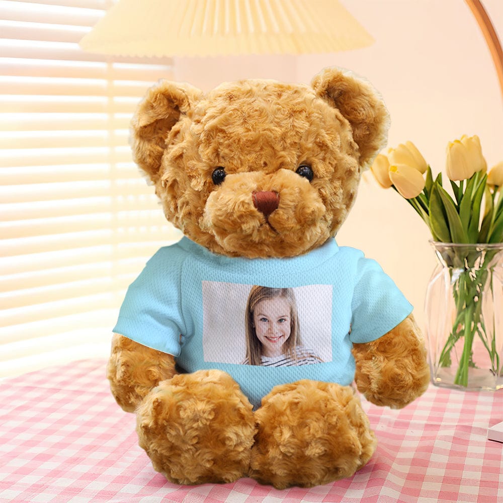 Front-facing personalised teddy bear with sample personalisation on clothing – ideal custom photo bear gift for special occasions