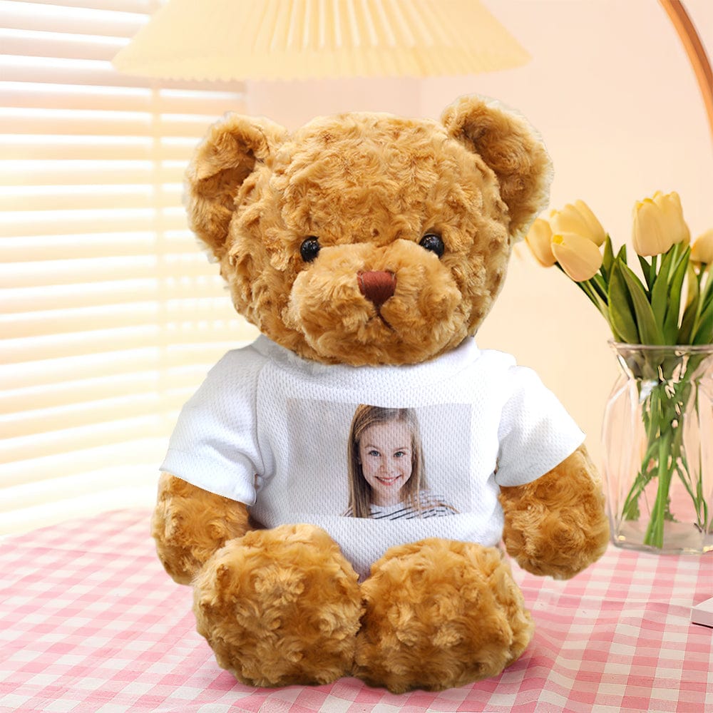 Close-up of the 30cm personalised teddy bear's soft plush fur and lifelike features – perfect as a custom photo keepsake