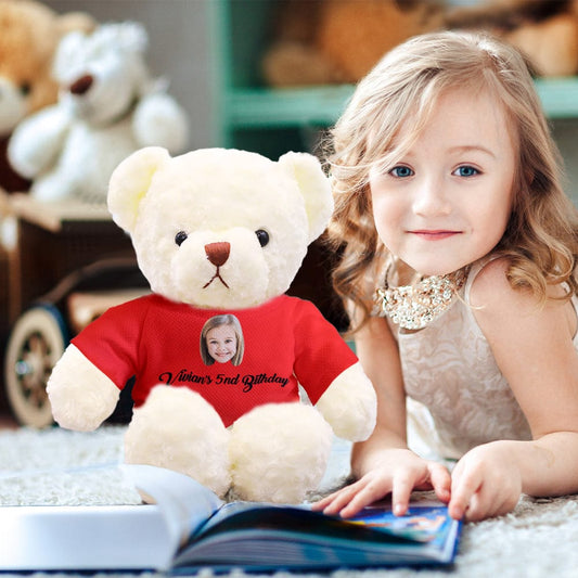 Front view of personalised teddy bear 11.81in (30cm) with bright eyes – ideal personalised photo keepsake