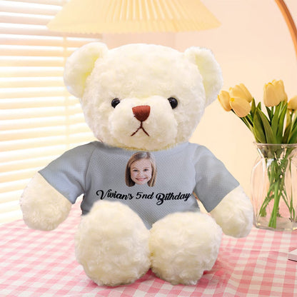 Personalised plush teddy bear detail shot highlighting soft fabric and removable clothing – 11.81in keepsake
