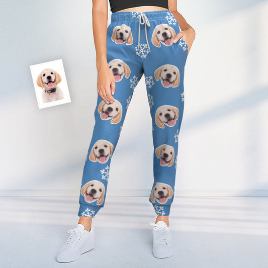 Front view of blue Personalised Dog Face Christmas Sweatpants — unisex joggers with a crisp custom pet-face print, perfect gift for pet lovers