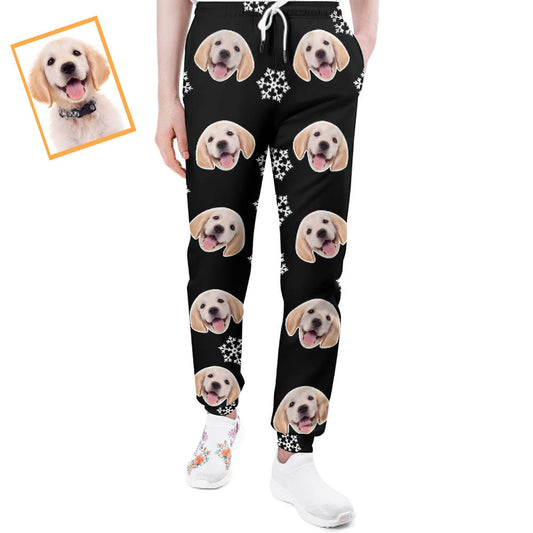 Front view of blue Personalised Dog Face Christmas Sweatpants — unisex joggers with a crisp custom pet-face print, perfect gift for pet lovers